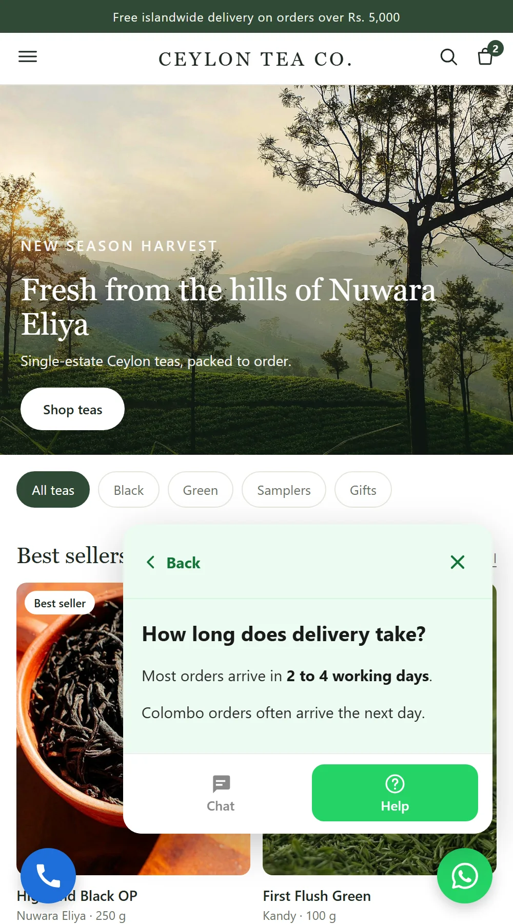 The help center in the chat popup showing the answer to How long does delivery take, with a Back button.
