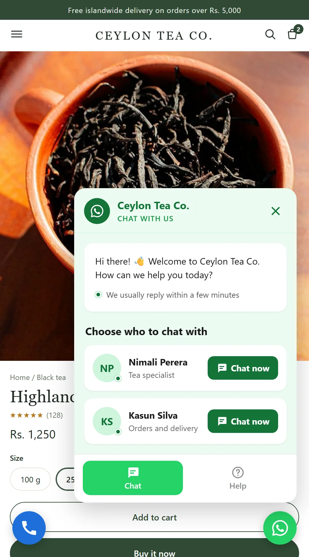 A product page with the ReachMe chat popup open, showing a welcome message, reply time and two team members with Chat now buttons.